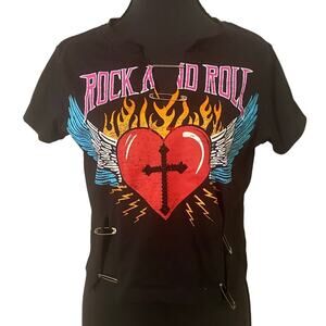 Rock & Roll Safety Pin Black Cross Cropped Tee Y2K Indie Sleaze Goth Flames Band